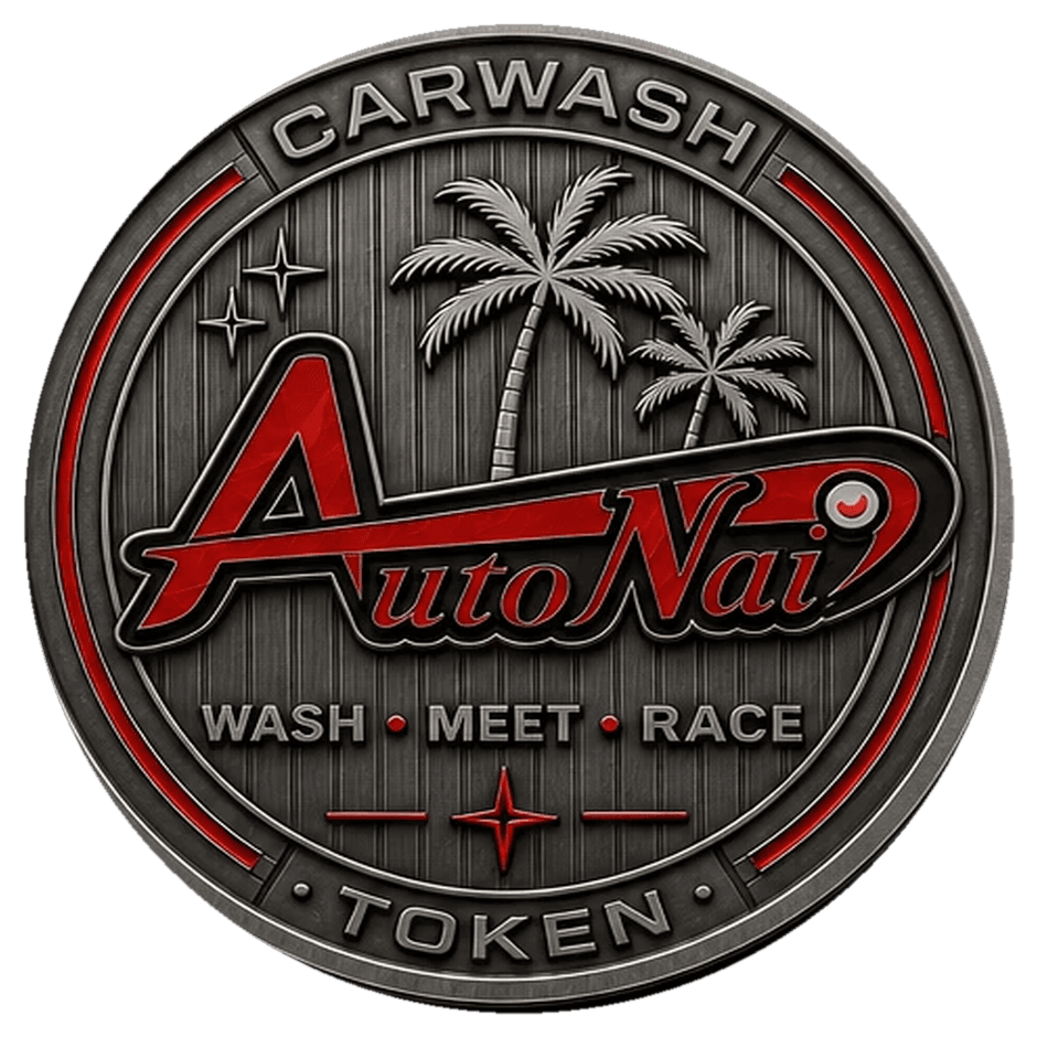 Лицето на жетона на автомивка Аутонай: логото с палмите и WASH • MEET • RACE